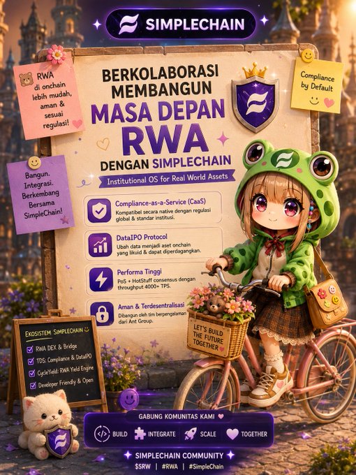 Indonesian-language SimpleChain promotional poster featuring an anime-style girl in frog helmet on a bicycle, advertising RWA (Real World Assets) solutions including Compliance-as-a-Service, DataIPO Protocol, and high performance PoS.