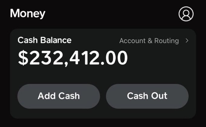 A mobile cash app screen displaying a Cash Balance of $232,412.00 with options to Add Cash or Cash Out.