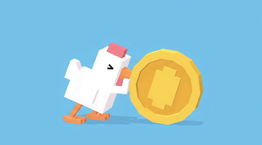 A low-poly 3D white chicken pushing a large gold Bitcoin coin against a light blue background.