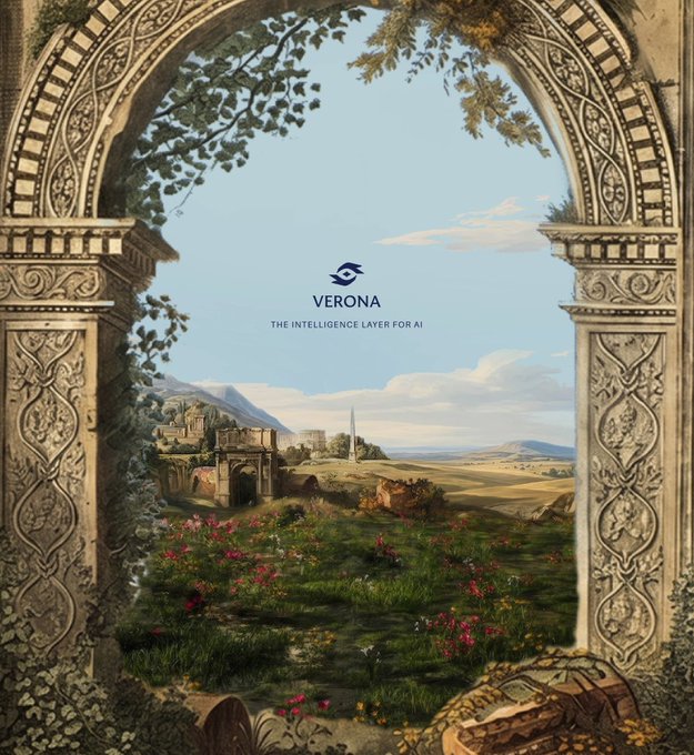 A promotional image for Verona featuring an ornate stone archway framing a classical landscape with ruins and wildflowers, overlaid with the text "VERONA - THE INTELLIGENCE LAYER FOR AI." The imagery evokes a sense of timeless heritage and discovery, aligning with the post's announcement of Verona's presence at an AI-focused event in Seoul.