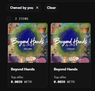 A digital marketplace interface shows two 'Beyond Hands' NFT items owned by the user, both priced at 0.0039 WETH as the top offer.