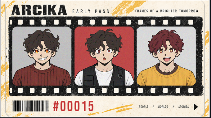 An 'ARCIKA EARLY PASS' ticket design featuring a film strip with three portraits of a brown-haired anime-style character in different outfits and expressions, marked '#00015' with the tagline 'FRAMES OF A BRIGHTER TOMORROW' and 'PEOPLE / WORLDS / STORIES'.