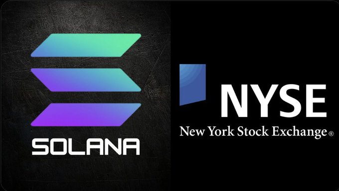 The image displays the Solana logo alongside the NYSE (New York Stock Exchange) logo, visually representing the post's claim that Solana's spot trading volume surpassed that of NYSE American last week. The side-by-side logos emphasize the comparison between the cryptocurrency and traditional stock exchange.
