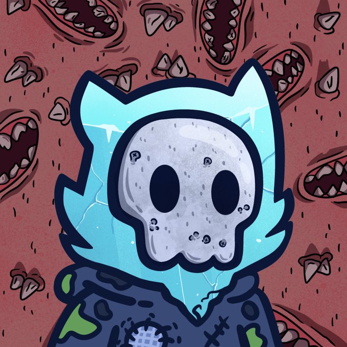 A digital illustration features a skull-faced character with a light blue cat-eared hood standing before a pink background filled with monster mouths and teeth.