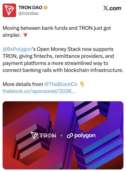 A tweet from TRON DAO (@trondao) announcing that Polygon's Open Money Stack now supports TRON for connecting banking rails with blockchain infrastructure.