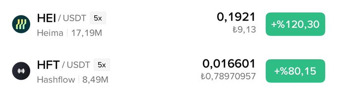 The image shows a crypto trading interface displaying HEI/USDT (Heima) up +120.30% at 0.1921 (₺9.13) with a 5x leverage tag, and HFT/USDT (Hashflow) up +80.15% at 0.016601 (₺0.78970957) with a 5x leverage tag. This visually confirms the post's point about HFT's strong price performance, illustrating the +80.15% gain as evidence that patience with the token proved the author's analysis correct despite market manipulations.