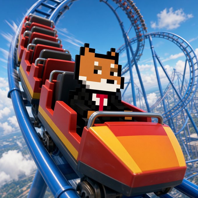 A pixelated fox character wearing a suit and red tie rides a vibrant red roller coaster high above the clouds, with twisting blue tracks stretching into the distance—visually capturing the post's message about crypto being a "roller coaster of ups and downs."