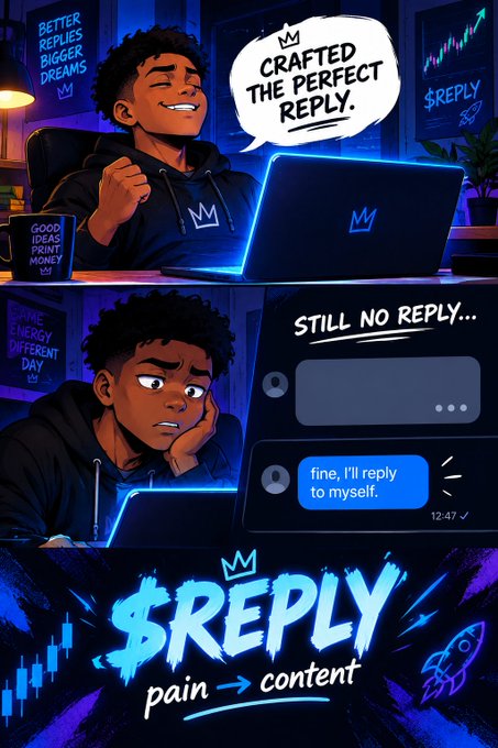 An animated-style promotional graphic for $REPLY, depicting a character celebrating crafting the perfect reply but still waiting for one, with the tagline 'pain -> content'.