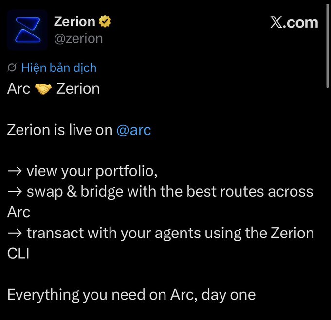 A tweet from Zerion (@zerion) announcing 'Zerion is live on @arc' with features including viewing portfolios, swap & bridge routes across Arc, and transacting with agents using the Zerion CLI.