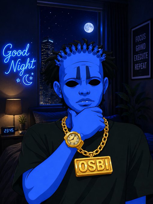 A digital artwork of a blue-skinned character wearing a gold 'OSBI' chain, posed thoughtfully in a nighttime bedroom with a 'Good Night' neon sign and a 'FOCUS GRIND EXECUTE REPEAT' poster on the wall.