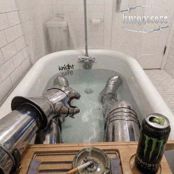 A 'knightcore' aesthetic image showing armored gauntlets soaking in a bathtub, with a Monster Energy drink and an ashtray with a lit cigarette on a wooden tray in the foreground.