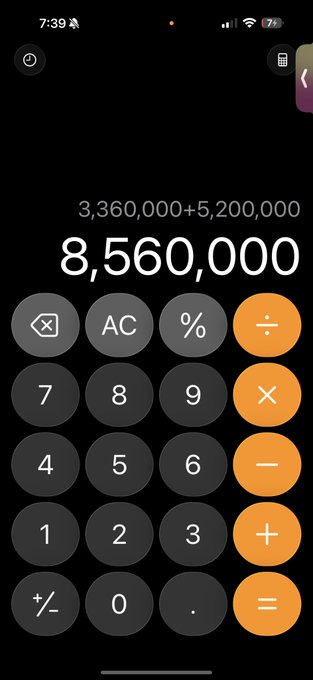 The image shows an iPhone calculator displaying the sum of 3,360,000 + 5,200,000 = 8,560,000, which appears to represent the total average yearly estimate to run Mintdash at its current capacity.