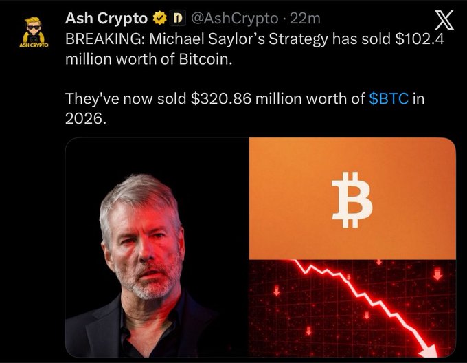 A screenshot of a tweet from Ash Crypto (@AshCrypto) reports "BREAKING: Michael Saylor's Strategy has sold $102.4 million worth of Bitcoin," noting cumulative 2026 sales of $320.86 million in $BTC, accompanied by a photo of Saylor beside a downward Bitcoin chart. The post captions this with sarcasm referencing Saylor's past advice to "sell a kidney" before selling Bitcoin—ironic given that Strategy has now sold over $320 million in BTC despite his famous "keep the bitcoins" mantra.