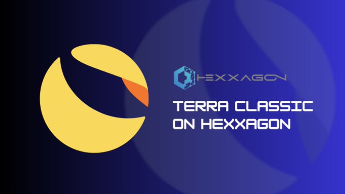 A graphic with a blue background displaying the yellow Terra Classic logo alongside the Hexxagon logo and text reading 'TERRA CLASSIC ON HEXXAGON.'