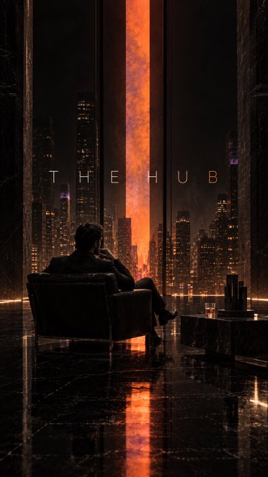 A stylized poster featuring a silhouetted figure sitting in a chair facing a window overlooking a city skyline at night, with the text 'THE HUB' displayed centrally.