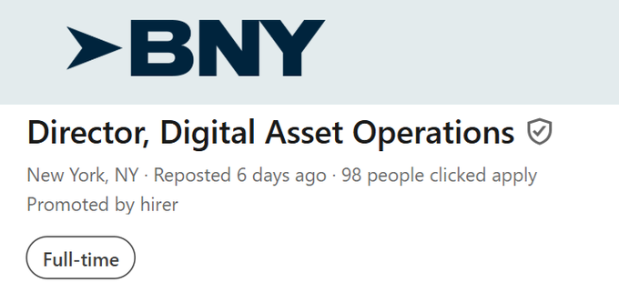 A LinkedIn-style job listing from BNY for a 'Director, Digital Asset Operations' position in New York, NY, marked as Full-time and reposted 6 days ago with 98 applicants.