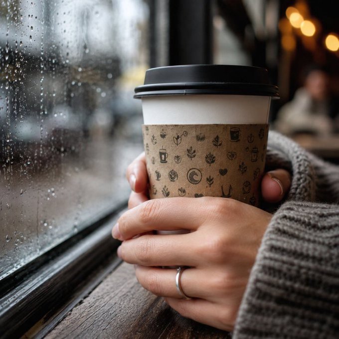 Hands wearing a gray sweater and a silver ring cradle a paper coffee cup with a black lid and decorative sleeve, sitting by a rain-streaked window.