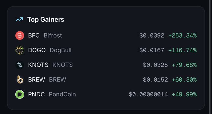 A 'Top Gainers' crypto list showing BFC Bifrost at $0.0392 (+253.34%), DOGO DogBull at $0.0167 (+116.74%), KNOTS at $0.0328 (+79.68%), BREW at $0.0152 (+60.30%), and PNDC PondCoin at $0.00000014 (+49.99%).
