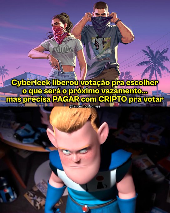 A Grand Theft Auto (GTA) meme featuring two characters with bandanas holding guns, alongside a Fortnite character, with overlaid Portuguese text reading "Cyberleek liberou votação pra escolher o que será o próximo vazamento... mas precisa PAGAR com CRIPTO pra votar" (Cyberleek released a poll to choose the next leak... but you need to PAY with CRYPTO to vote), tagged @SucumbaGames, illustrating a controversial crypto-paid voting scheme for upcoming GTA 6 leak content.