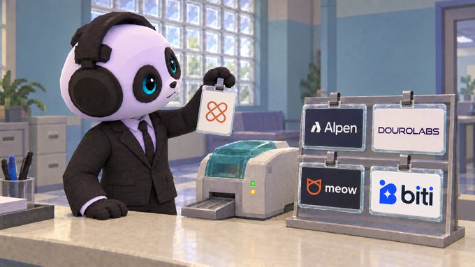 A 3D-rendered cartoon panda wearing a business suit and headphones stands behind a counter, holding a tablet while presenting a display of logos for Alpen, DOUROLABS, meow, and biti.