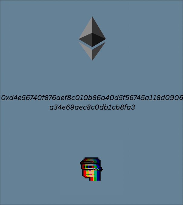 A blue background featuring the Ethereum logo, a long hexadecimal address, and a pixel art NFT character.
