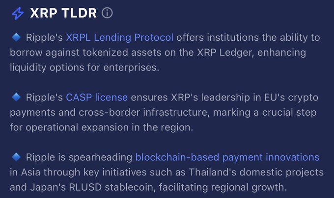 The image is an "XRP TLDR" infographic summarizing Ripple's latest developments, highlighting the XRPL Lending Protocol, the CASP license for EU expansion, and blockchain-based payment innovations in Asia, including Thailand's domestic projects and Japan's RLUSD stablecoin, aligning with a daily XRP update.
