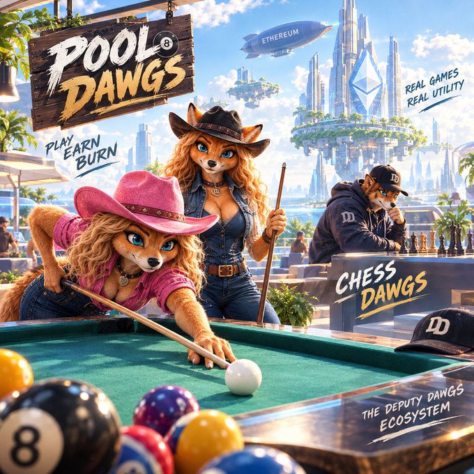 A colorful illustration for 'POOL DAWGS' featuring anthropomorphic dogs in cowboy attire playing pool and chess, with text 'PLAY EARN BURN,' 'CHESS DAWGS,' 'REAL GAMES REAL UTILITY,' and 'THE DEPUTY DAWGS ECOSYSTEM,' alongside an Ethereum blimp and futuristic city skyline.