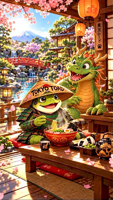 A vibrant digital illustration of a green toad warrior wearing samurai armor and a 'TOKYO TOAD' straw hat eating ramen, accompanied by a green dragon in a Japanese-style setting with cherry blossoms and Mt. Fuji.