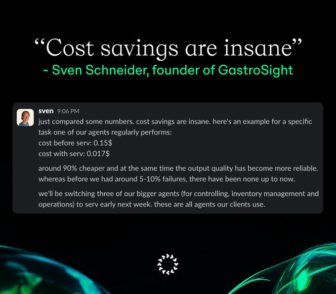 A testimonial graphic titled 'Cost savings are insane' from Sven Schneider, founder of GastroSight, featuring a message comparing costs before serv ($0.15) versus with serv ($0.017) showing approximately 90% savings with improved reliability, branded with green accent graphics.