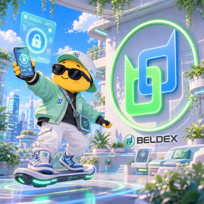 An anime-style illustration of a yellow character wearing a green jacket, white cap, and sunglasses riding a hoverboard while holding a phone displaying a lock icon, with the BELDEX logo prominently featured.