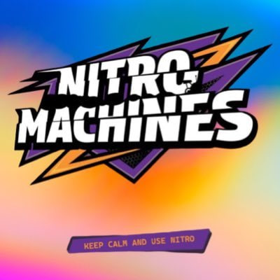 A vibrant, stylized graphic featuring the text 'NITRO MACHINES' in bold comic-style lettering with lightning bolts, and a banner at the bottom reading 'KEEP CALM AND USE NITRO'.