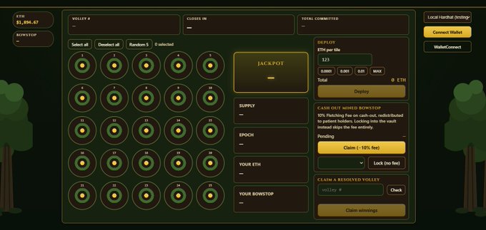A dark-themed, mining-themed interface for the BOWSTOP token displays an ETH balance of $1,396.67 alongside a grid of 24 selectable mining nodes, a Jackpot field, and sections for deploying ETH per tile, supply, and epoch. The image complements the post by showcasing the platform that will launch in 2 hours on the Robinhood blockchain.