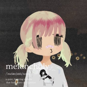An anime-style illustration of a melancholic-looking girl with pink and blonde hair in pigtails, labeled 'melancholy' with the phonetic breakdown '/ˈmelənˌkälē/' and the definition 'a quiet, lingering sadness that feels heavy to familiar'.