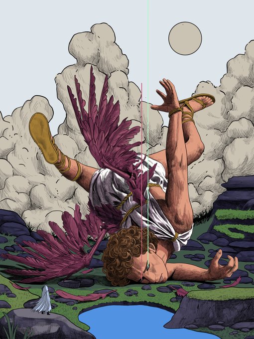 A comic-style illustration of a winged figure with curly hair and golden sandals falling headfirst towards a landscape with clouds and a moon.