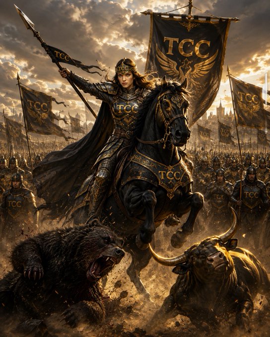 A dramatic fantasy illustration of an armored warrior on a black horse bearing 'TCC' banners, with a spear, accompanied by a bear and bull at their feet and an army arrayed behind them in a battlefield scene.