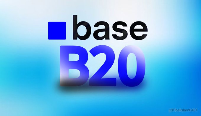A simple graphic showing the Base logo (a blue square with 'base' text) above the text 'B20' in large blue gradient letters on a light blue gradient background.