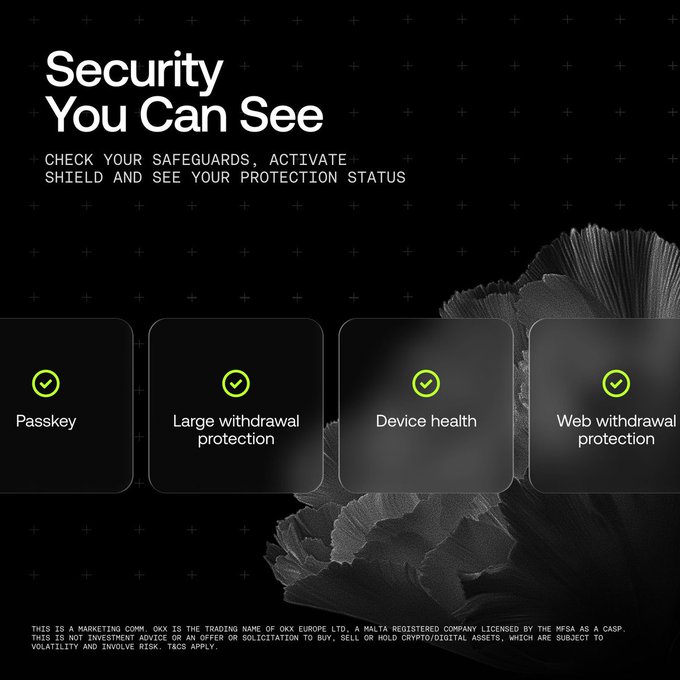 A dark-themed promotional graphic titled 'Security You Can See' advertising OKX features four checked safeguards: Passkey, Large withdrawal protection, Device health, and Web withdrawal protection.