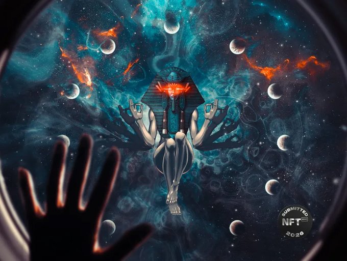 A cosmic digital artwork featuring a multi-armed deity figure with glowing red eyes floating in space among planets, with a silhouette of a hand in the foreground and 'SUBMITTED NFT 2020' in the corner.