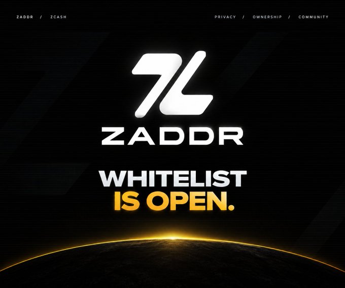 The image is a promotional graphic for "ZADDR" featuring its logo and the announcement "WHITELIST IS OPEN" in bold white and gold lettering against a dark space-themed background with a planetary horizon, directly matching the post's call to action about joining the ZADDR project's whitelist while highlighting the privacy-focused themes of ownership and community shown in the top navigation.