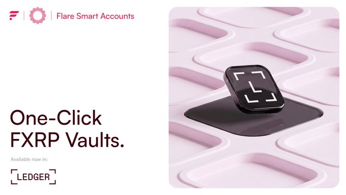 The image is a promotional graphic for Flare Smart Accounts announcing "One-Click FXRP Vaults" now available on Ledger, featuring a stylized vault icon on a pink 3D background.

The caption relates to the "Lets do it" post by highlighting the launch announcement as a call to action, encouraging viewers to take advantage of the new feature.