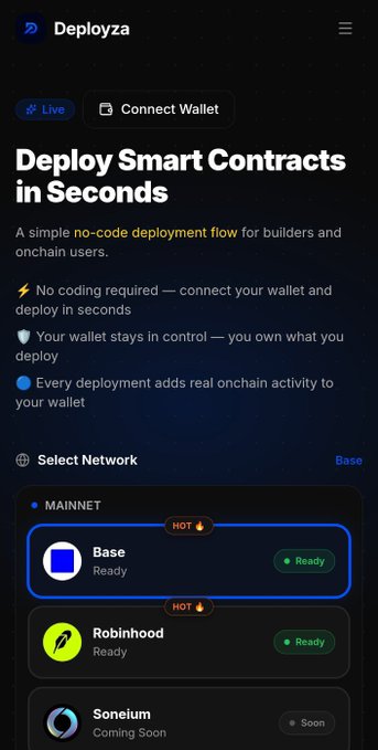A dark-themed webpage for "Deployza" promotes no-code smart contract deployment, highlighting its tagline "Deploy Smart Contracts in Seconds" and showing a "Select Network" section with Base and Robinhood labeled as "Ready" and Soneium as "Soon." The image visually supports the post's point by presenting an alternative deployment interface that emphasizes wallet control and no-code simplicity as a solution to the cost barrier preventing most Base Guild users from completing the 10+ contract deployment requirement.