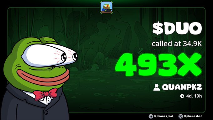 A Pepe the Frog meme graphic showing '$DUO called at 34.9K 493x' with the username 'QUANPKZ' and a timestamp of '4d, 19h'.