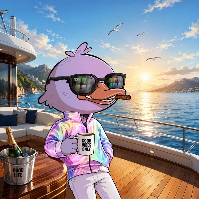 The image features a cartoon duck wearing sunglasses, holding a coffee cup with "Good vibes only" written on it, standing on a boat or deck overlooking the ocean. The background shows a beautiful sunset over the water, creating a serene atmosphere for the scene. The post about Quantum Computers and the marketplace around them suggests that the image is related to technology or business-related topics.