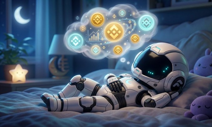 The image features a robot figure lying down on a bed, with its head resting on a pillow. The robot has a white body and black arms and legs, giving it a futuristic appearance. Above the robot's head, there is a cloud-like structure filled with various objects, including coins and stars, which are floating in the air around the robot. The background of the image shows a night sky, adding to the overall theme of the scene. The post that accompanies this image reads: "sleep and dreaming about #Bnb".