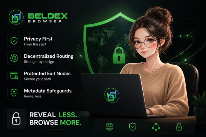 A promotional graphic for 'BELDEX BROWSER' features an anime-style girl with glasses using a laptop, highlighting features like 'Privacy First', 'Decentralized Routing', and 'Protected Exit Nodes'.