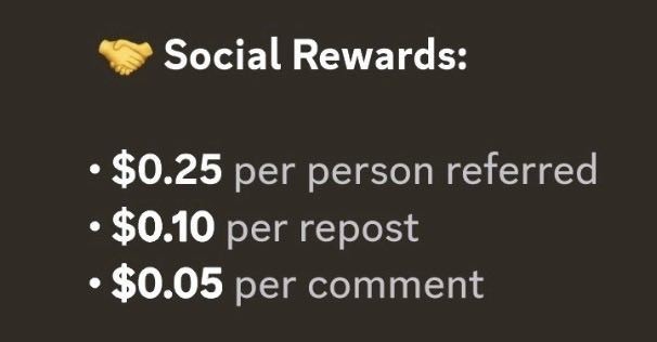 The image displays a "Social Rewards" program with a handshake emoji, offering $0.25 per person referred, $0.10 per repost, and $0.05 per comment on a black background. This visual supports the post's cynical message by highlighting the small, low-effort monetary incentives that desperate crypto users will chase, suggesting many will engage with content just for trivial payouts rather than genuine interest or conviction.