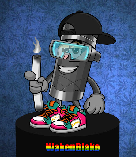 This image shows a cartoon character, a "Digiblunt" from @Digijointz, holding a lit joint and wearing bright sneakers. The text "WakenBlake" is visible at the bottom, relating to the giveaway.