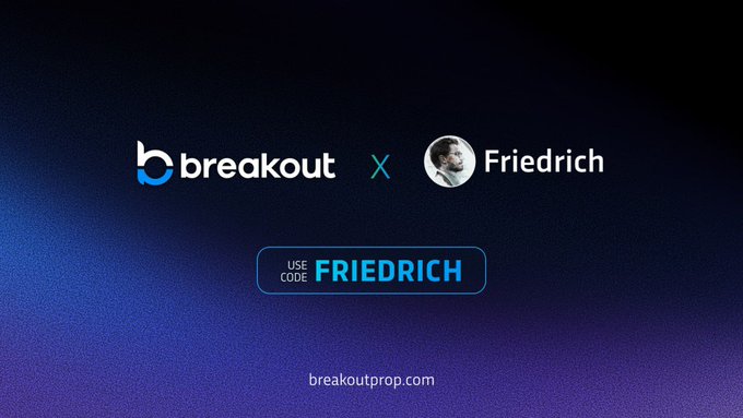 A promotional graphic featuring the Breakout logo and a profile for "Friedrich," with a "USE CODE FRIEDRICH" button and the URL breakoutprop.com, tied to a post announcing a $100K funded account partnership to review the crypto-native prop firm.