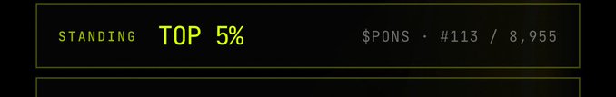 A black banner with yellow and green text displaying 'STANDING TOP 5%' and '$PONS · #113 / 8,955'.