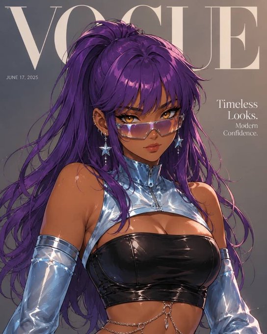 An illustrated Vogue magazine cover dated June 17, 2025, featuring an anime-style woman with long purple hair and sunglasses under the headline 'Timeless Looks. Modern Confidence.'